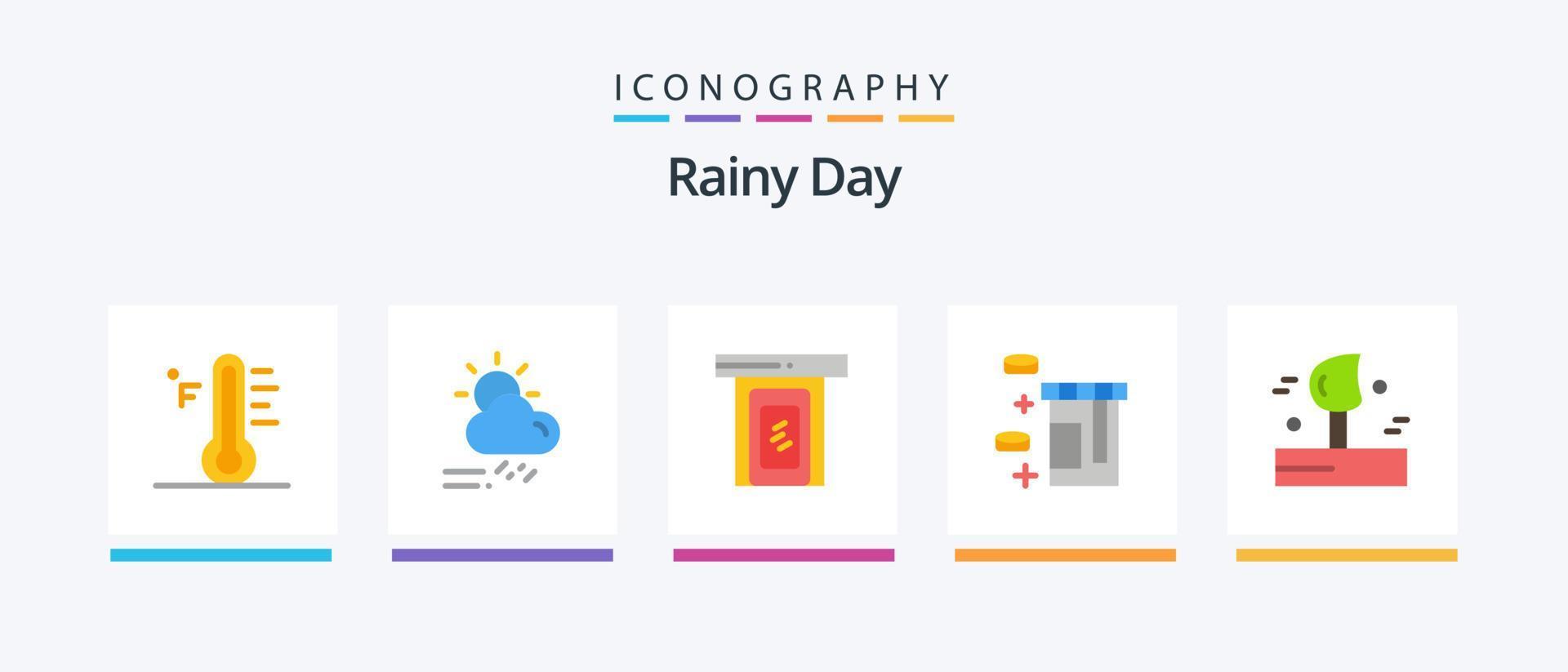 pack d'icônes plat 5 pluvieux, y compris le soufflage. bouteille. saison. tablette. porte. conception d'icônes créatives vecteur