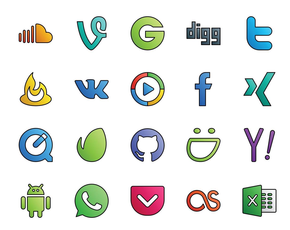 20 pack d'icônes de médias sociaux, y compris smugmug envato feedburner quicktime facebook vecteur