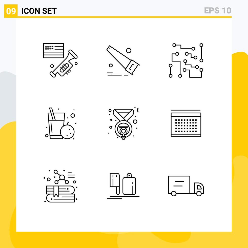 pack de 9 signes et symboles de contours modernes pour les supports d'impression Web tels que les circuits de santé de la médaille éléments de conception vectoriels modifiables de fruits orange vecteur