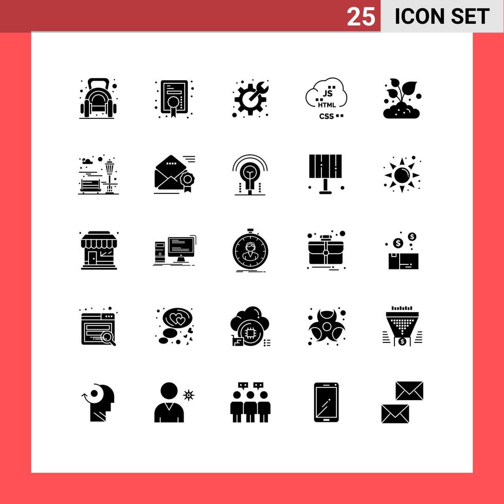 25 concept de glyphe solide pour les sites Web mobile et la ferme d'applications développent des éléments de conception vectoriels modifiables dans le nuage de codage de cog vecteur