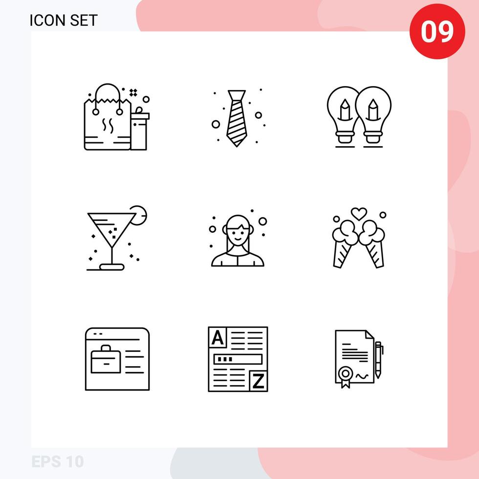 ensemble moderne de 9 contours pictogramme d'éléments de conception vectoriels modifiables de solution de lumière de mode de boisson en verre vecteur