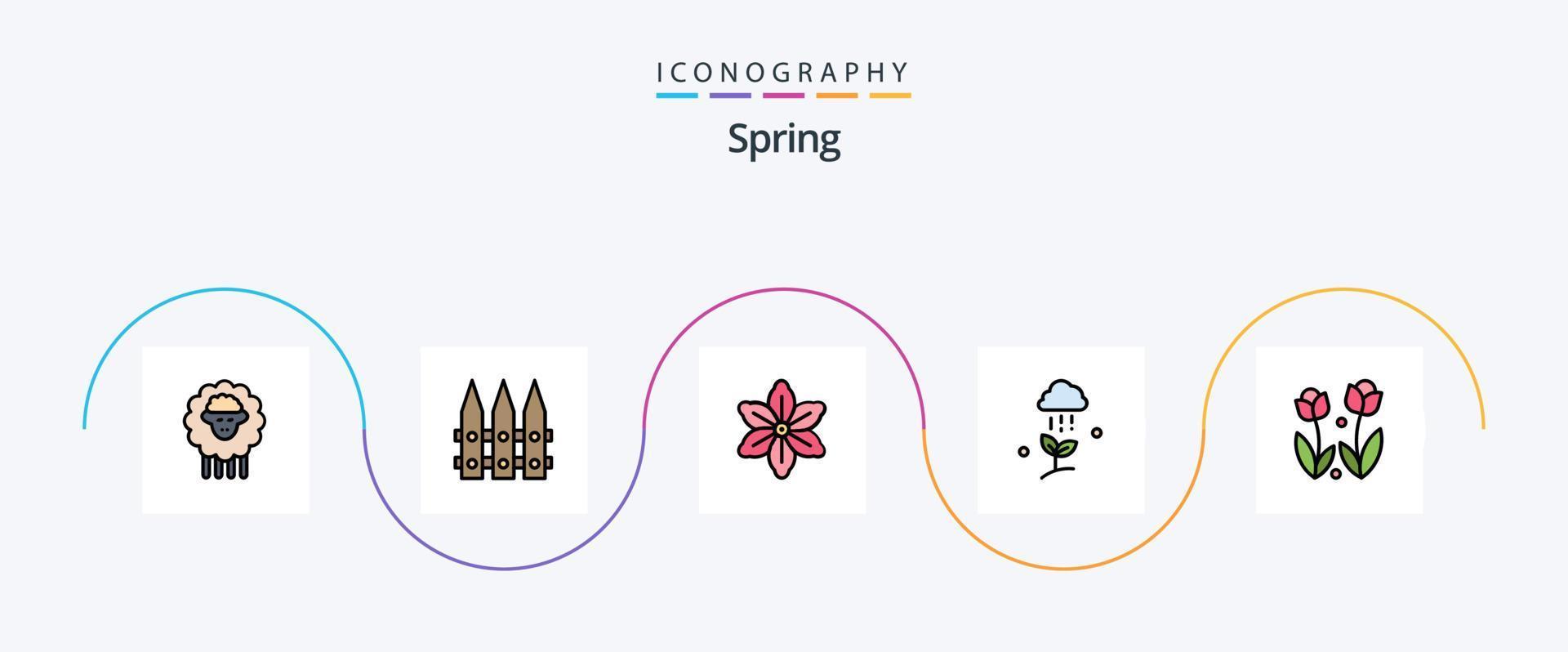 pack d'icônes plat 5 rempli de ligne de printemps, y compris la flore. printemps. fleur. nature. nuage de pluie vecteur