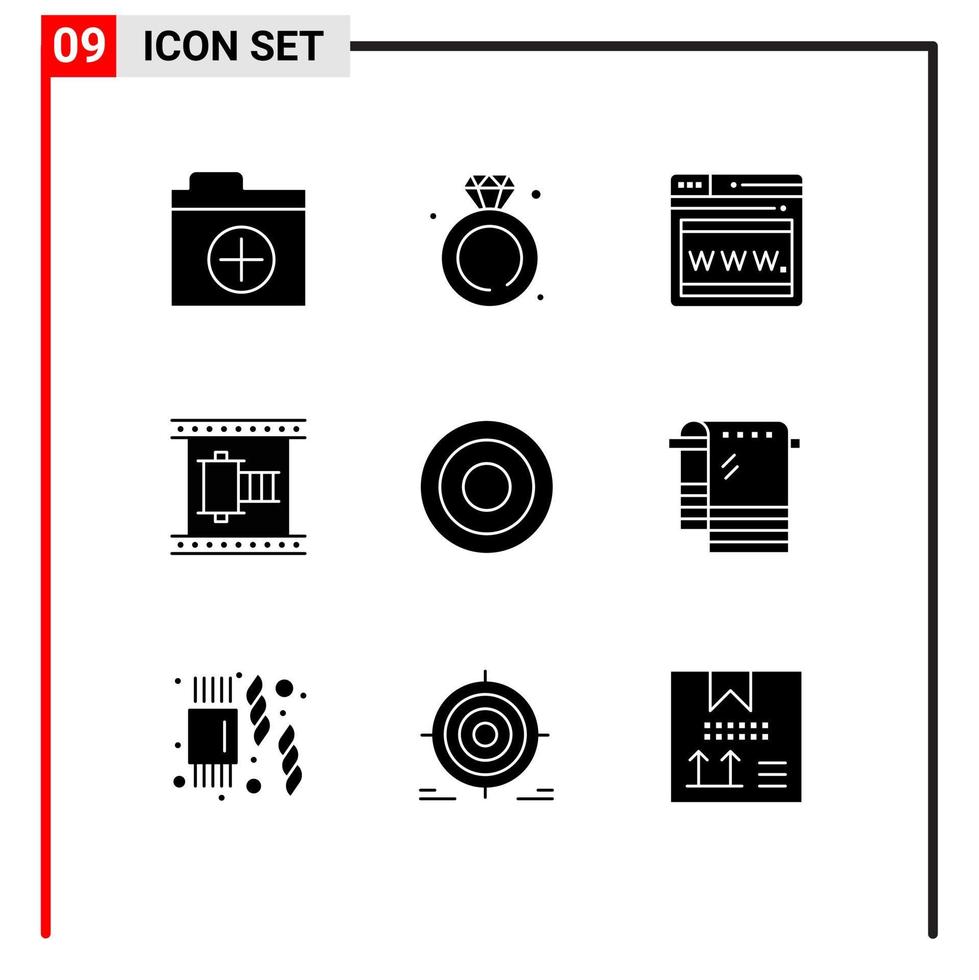 groupe de 9 signes et symboles de glyphes solides pour les éléments de conception vectoriels éditables de bande de film web de base en ligne vecteur