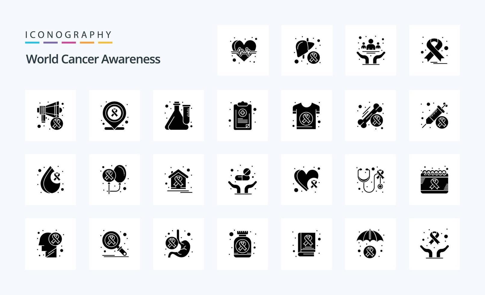 25 pack d'icônes de glyphe solide de sensibilisation au cancer du monde vecteur