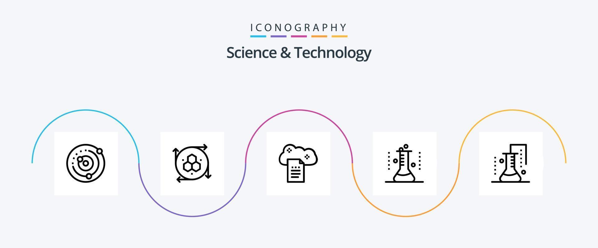 pack d'icônes de la ligne 5 de la science et de la technologie, y compris la verrerie de laboratoire. Erlenmeyer. outil de modélisation. flacon chimique. documents en ligne vecteur