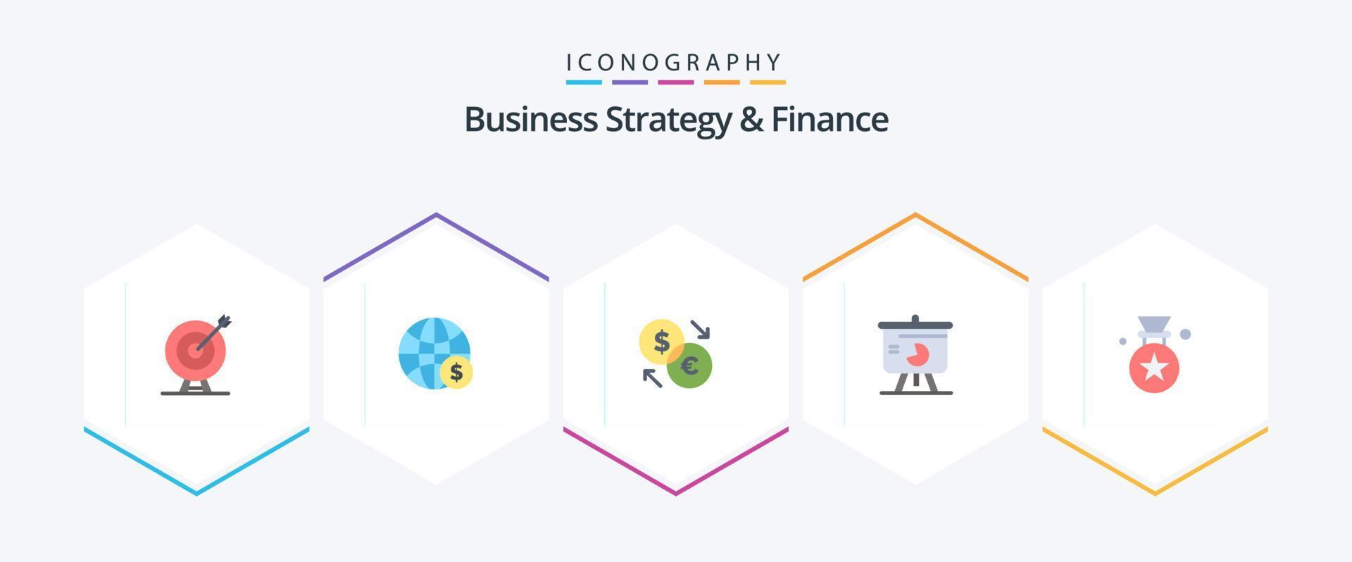 stratégie d'entreprise et finance pack de 25 icônes plates, y compris les ventes. graphique. argent. euro. échange vecteur