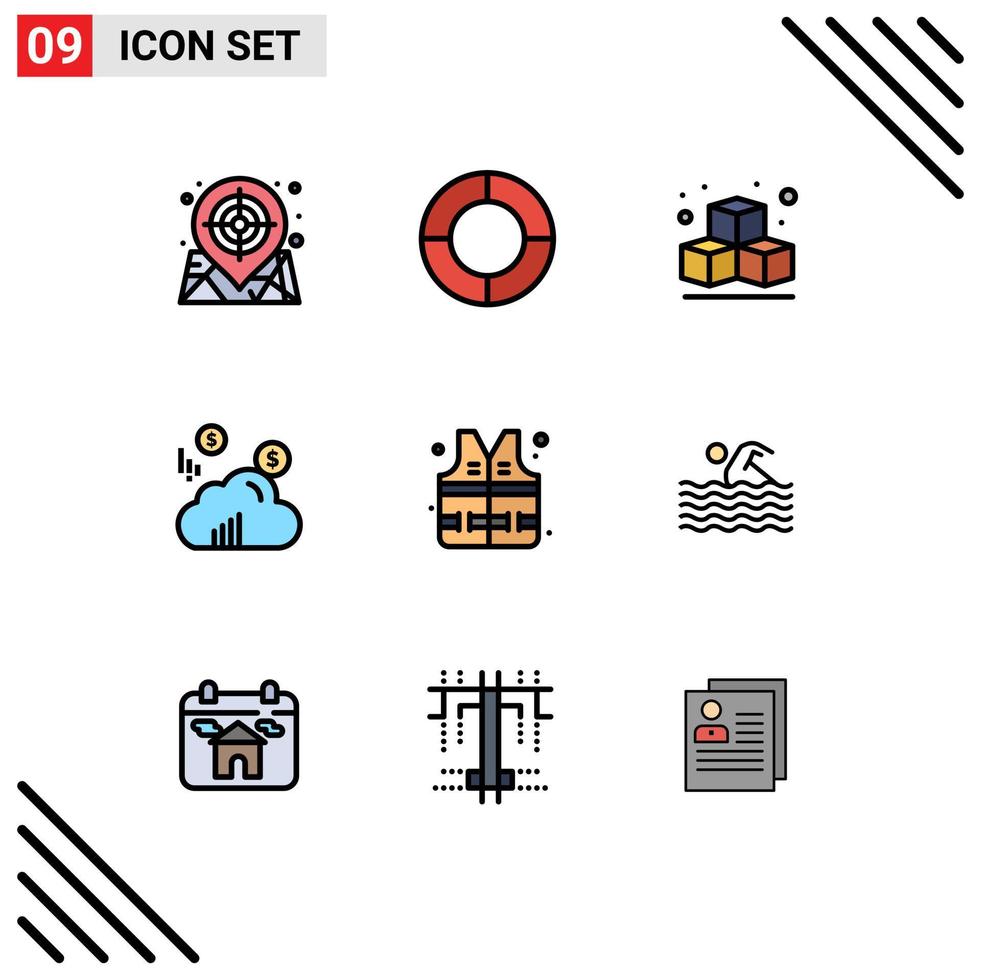 ensemble de 9 symboles d'icônes d'interface utilisateur modernes signes pour l'activité de natation cube parc gilet de sauvetage éléments de conception vectoriels modifiables vecteur