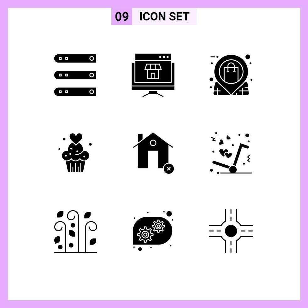 pack de glyphes solides de 9 symboles universels de muffins gâteau magasin en ligne pin éléments de conception vectoriels modifiables vecteur