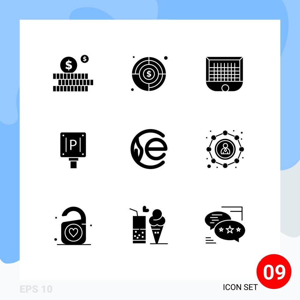 pack de 9 signes et symboles de glyphes solides modernes pour les supports d'impression Web tels que le panneau de porte d'hôtel de pièces de monnaie parking éléments de conception vectoriels modifiables vecteur