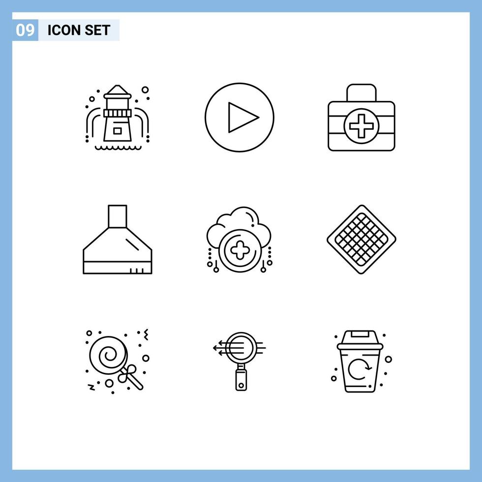 ensemble moderne de 9 pictogrammes de contours d'extracteur rapide doux plus ajouter des éléments de conception vectoriels modifiables vecteur