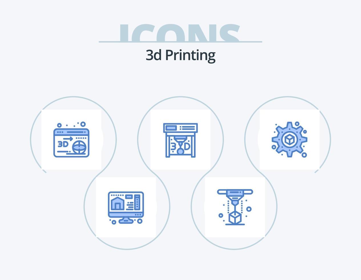 pack d'icônes bleues d'impression 3d 5 conception d'icônes. impression. impression. laser. imprimer. globe vecteur
