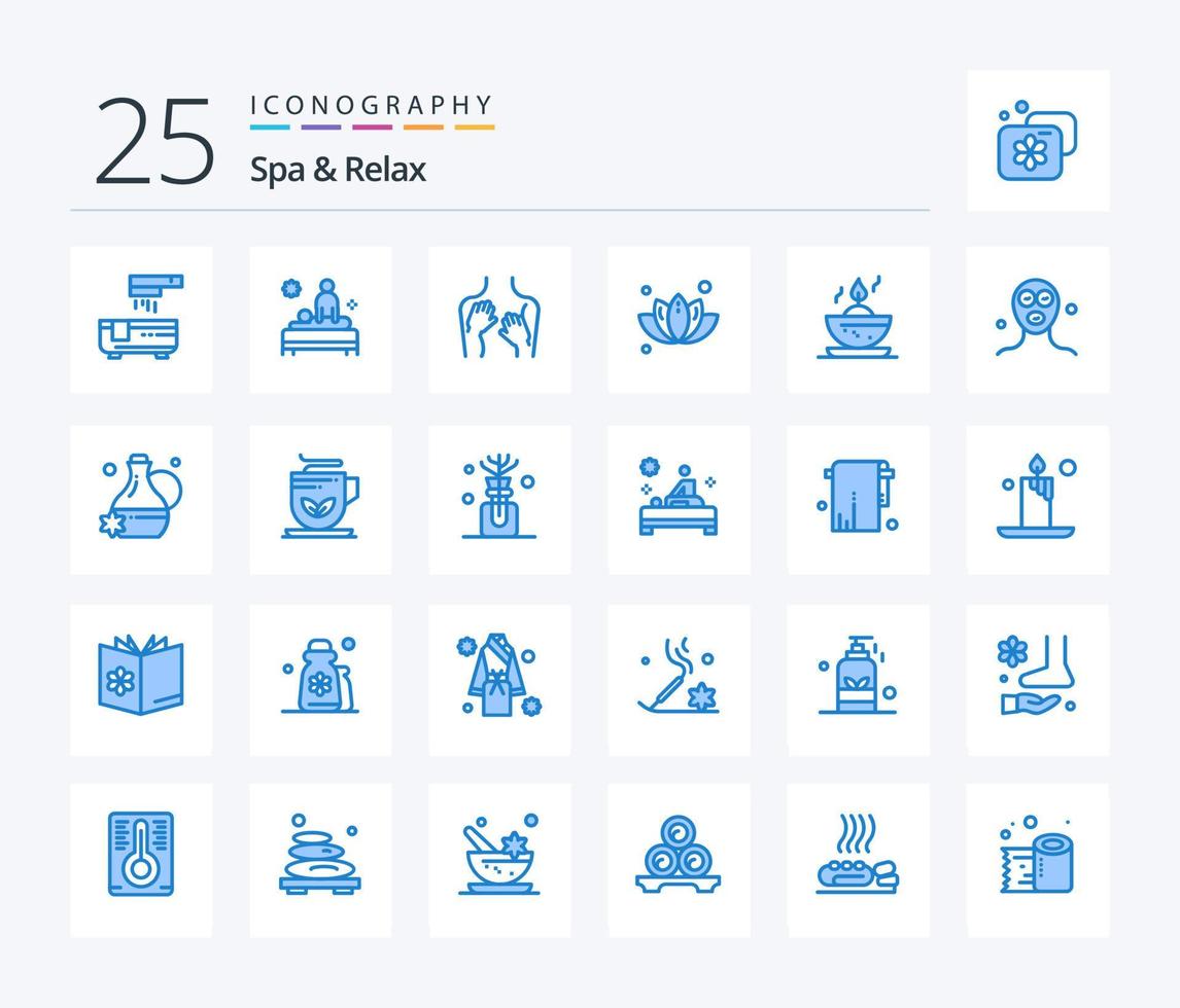 spa et relax pack de 25 icônes de couleur bleue comprenant un arbre. feuille. spa. vert. spa vecteur