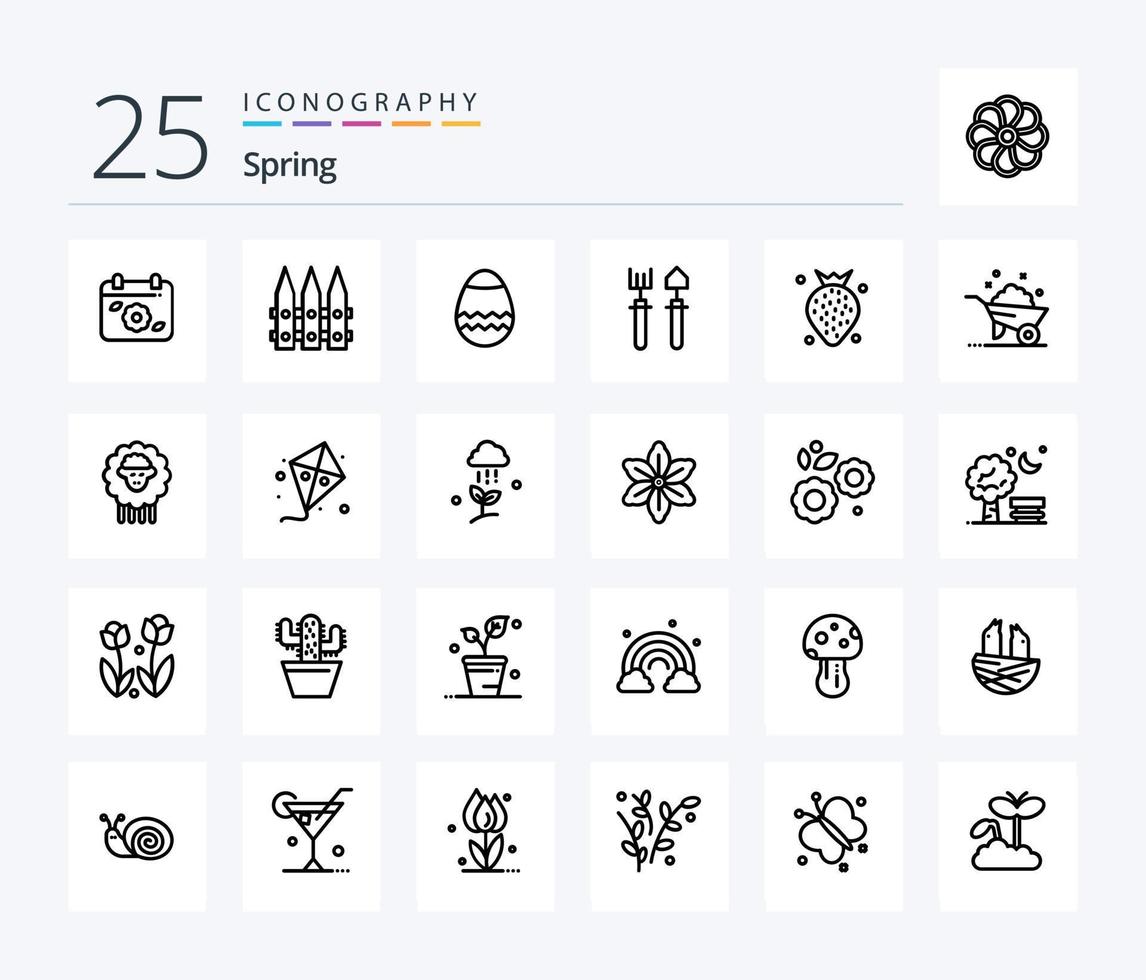 pack d'icônes printemps 25 lignes comprenant des fruits. fraise. Pâques. pelle. jardinier vecteur