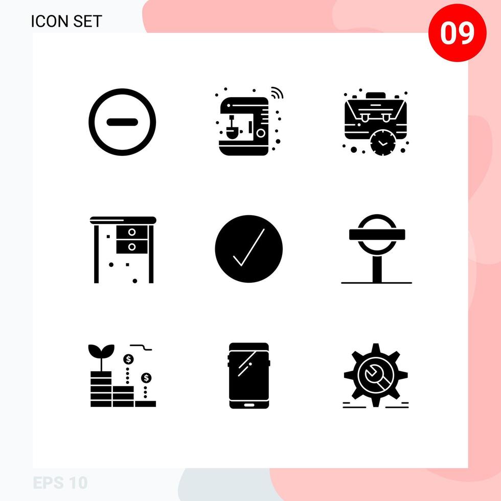 9 signes de glyphe solides universels symboles de vérification sac de bureau temps de bureau éléments de conception vectoriels modifiables vecteur
