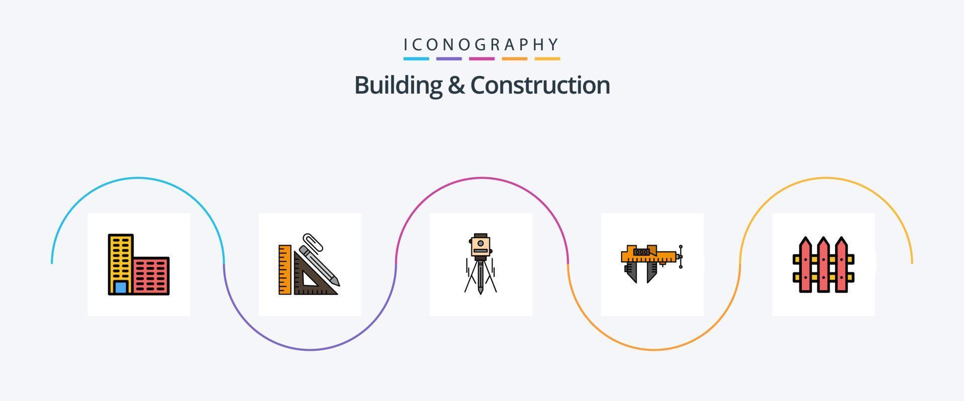 bâtiment et ligne de construction remplis de pack d'icônes plat 5, y compris la réparation. mesure. agrafe. étriers. niveau vecteur