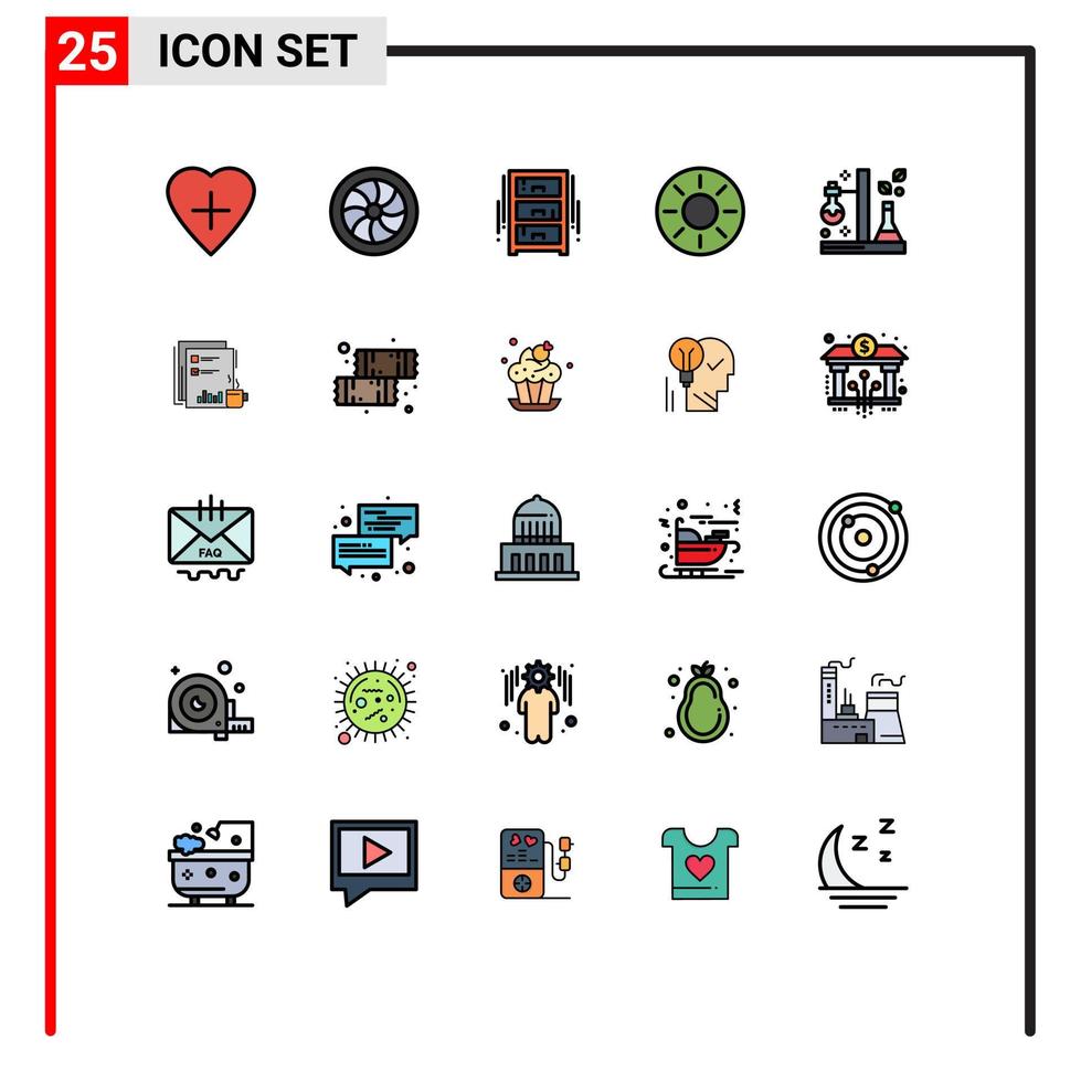 ensemble moderne de 25 pictogrammes de couleurs plates en ligne remplie de chimie meubles kiwi fruits sains éléments de conception vectoriels modifiables vecteur