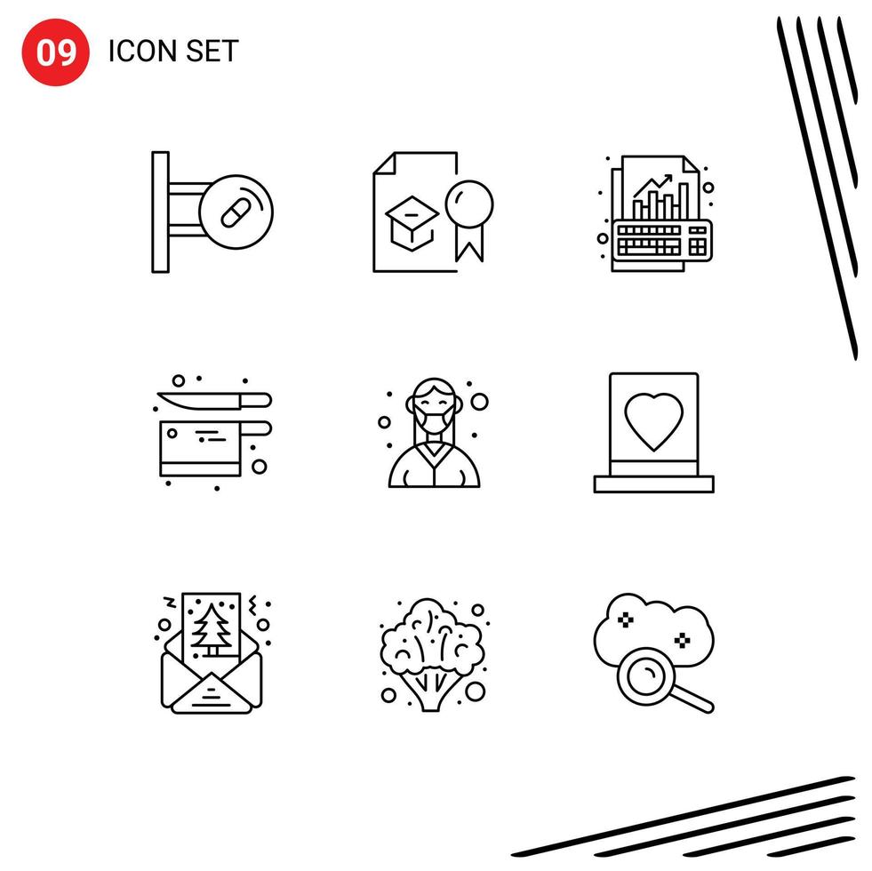 pack de lignes vectorielles modifiables de 9 contours simples d'éléments de conception vectoriels modifiables de croissance de cuisine universitaire de couteau vecteur