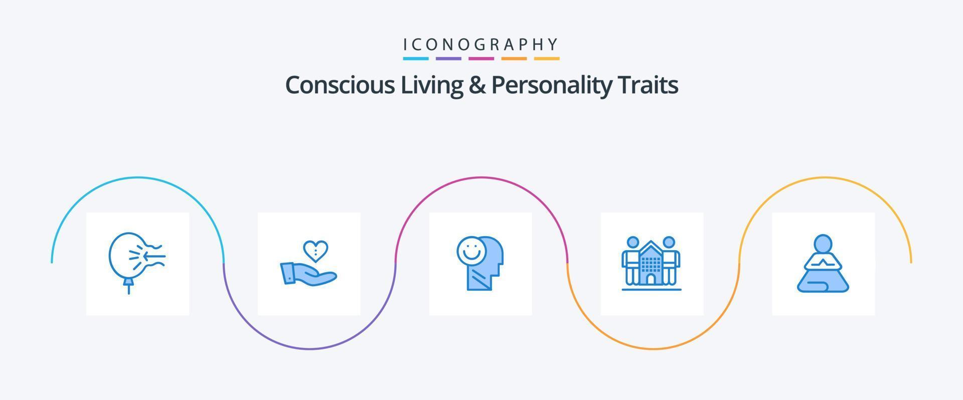 pack d'icônes bleues de 5 traits de vie et de personnalité conscients, y compris des amis. culture. main. optimisme. humain vecteur