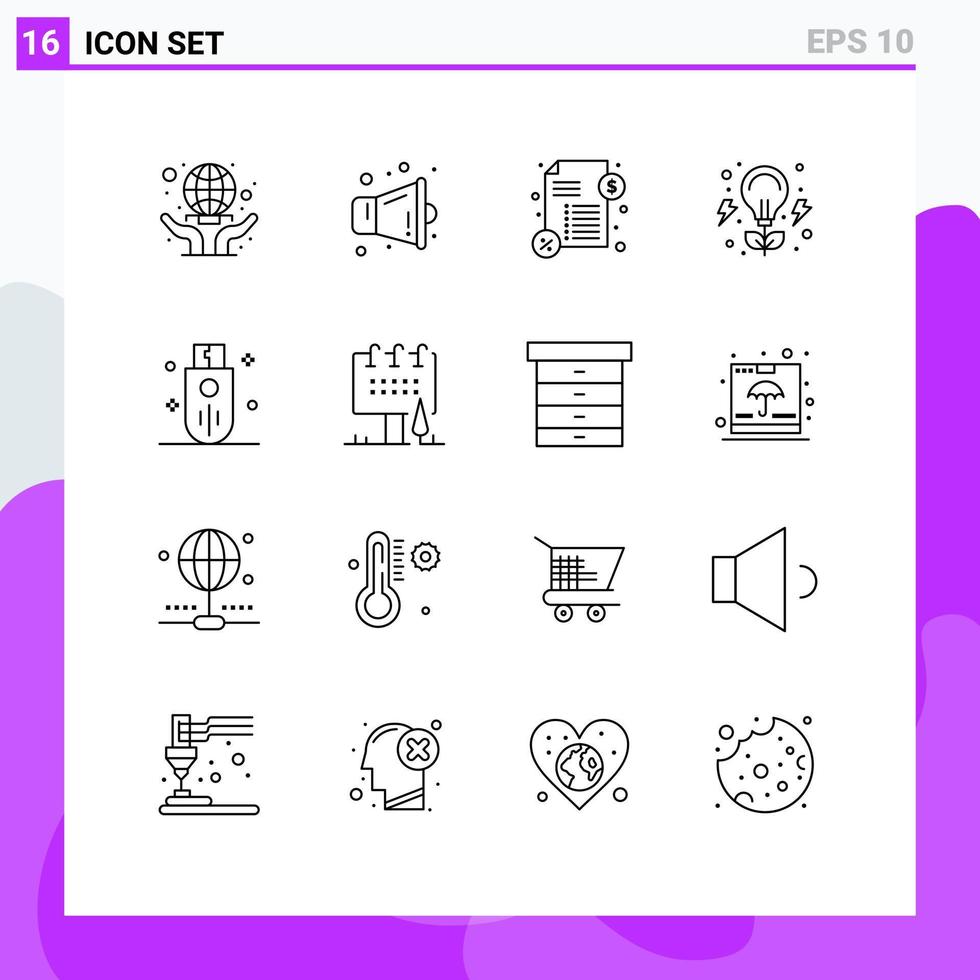 ensemble de 16 symboles d'icônes d'interface utilisateur modernes signes pour les dispositifs d'argent à mémoire de bâton invention éléments de conception vectoriels modifiables vecteur
