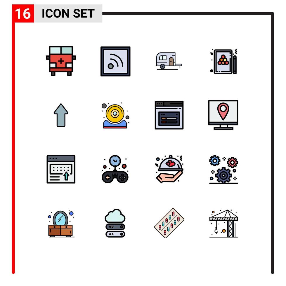 ensemble moderne de 16 lignes et symboles remplis de couleurs plates tels que flèche billard caravane piscine snooker éléments de conception vectoriels créatifs modifiables vecteur