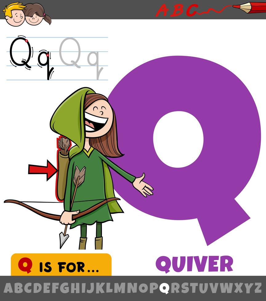 feuille de calcul lettre q avec objet carquois de dessin animé vecteur