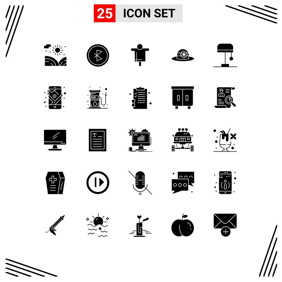 25 pack de glyphes solides de l'interface utilisateur de signes et symboles modernes de capuchon de lampe chapeau sans fil épouvantail éléments de conception vectoriels modifiables vecteur