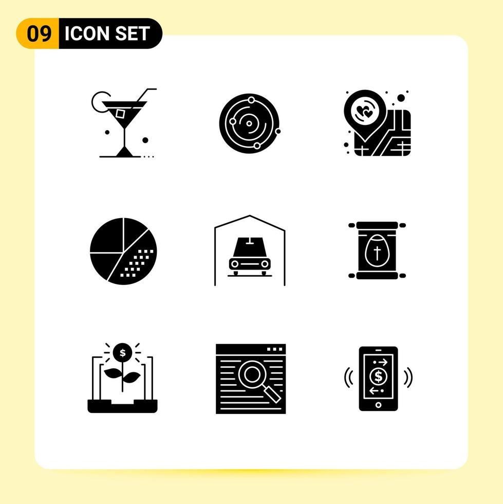 9 ensemble de glyphes solides universels pour les applications web et mobiles moteur d'optimisation de l'emplacement de recherche de garage éléments de conception vectoriels modifiables vecteur