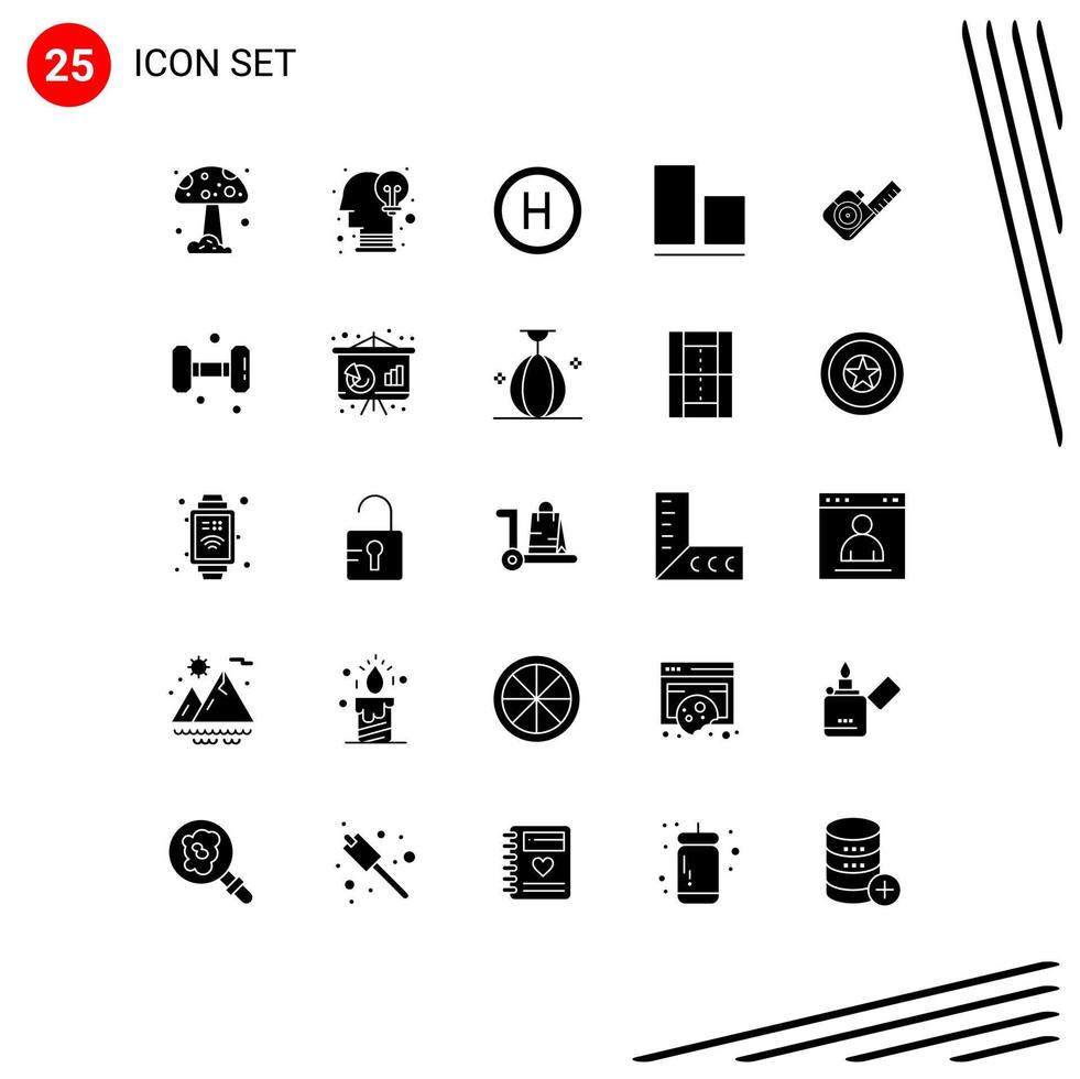 pack de 25 glyphes solides créatifs de signe de ruban de fitness mesurant des éléments de conception vectoriels modifiables verticaux vecteur