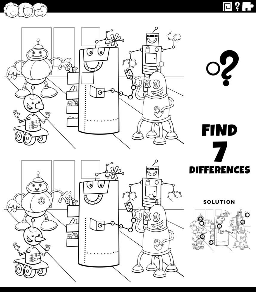 Jeu éducatif de différences avec la page de livre de coloriage de robots vecteur