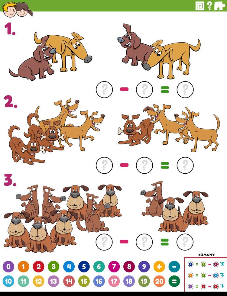 tâche éducative de soustraction mathématique avec des chiens de bande dessinée vecteur