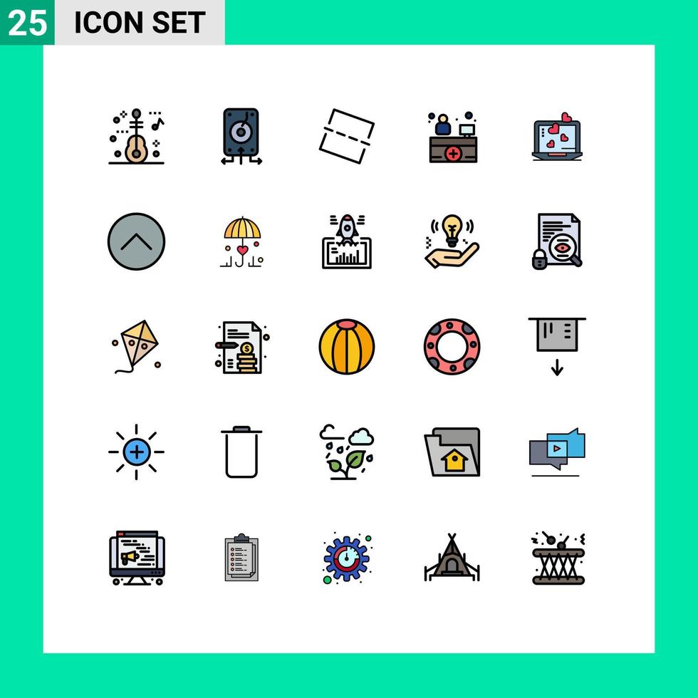 ensemble de pictogrammes de 25 couleurs plates de ligne remplie simple d'image d'amour de mariage ordinateur portable réceptionniste d'hôpital éléments de conception vectoriels modifiables vecteur