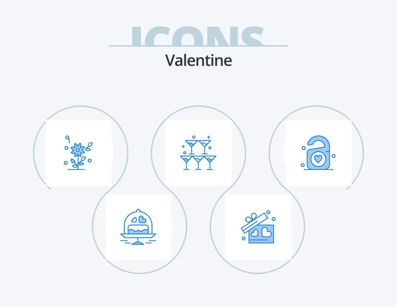 pack d'icônes bleu saint valentin 5 conception d'icônes. aimer. mariage. fleur. cœur. verre vecteur