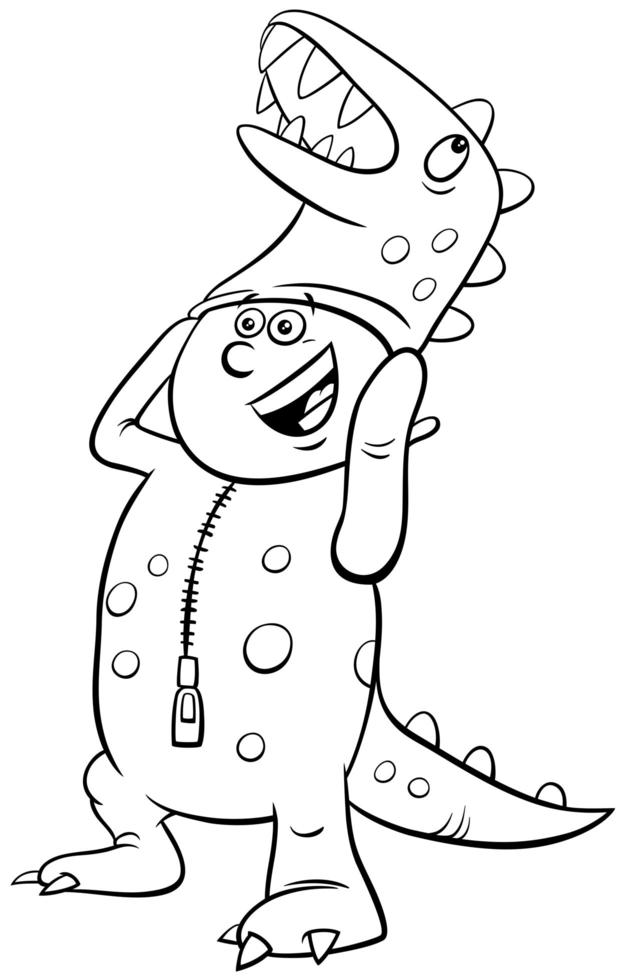 Garçon en costume de dinosaure à la page de livre de coloriage de fête d'halloween vecteur