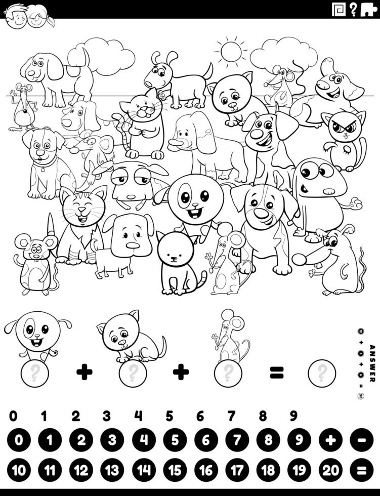 compter et ajouter une tâche avec des animaux page de livre de coloriage vecteur