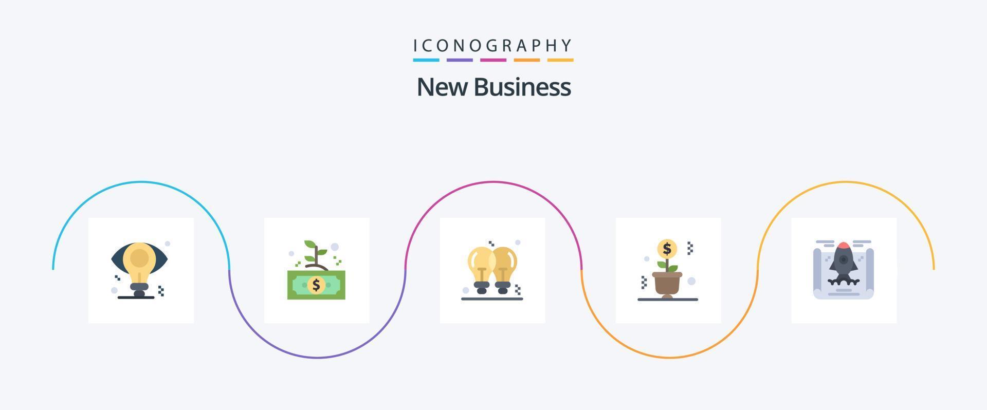 nouveau pack d'icônes plat 5 d'affaires, y compris le pot. argent. argent. croissance. ampoule vecteur