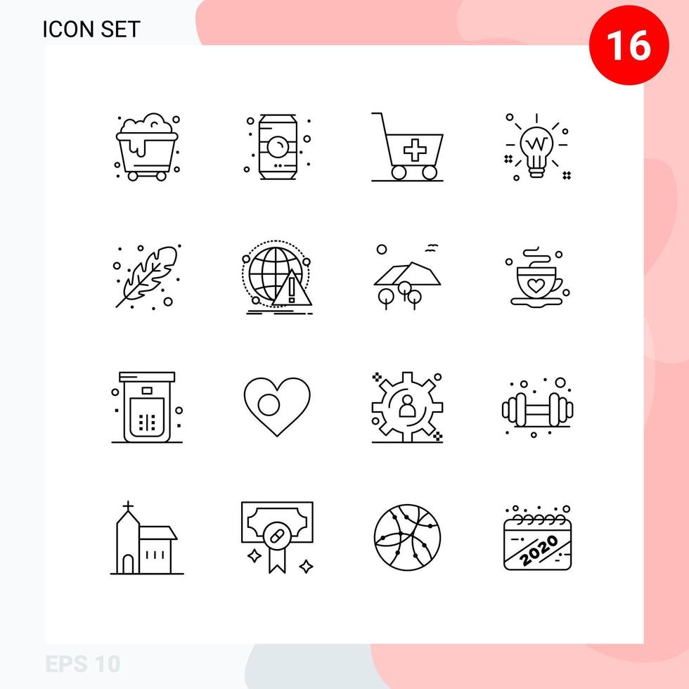 groupe de 16 contours des signes et des symboles pour les éléments de conception vectoriels modifiables de lumière de solution de chariot de lueur de feuille vecteur