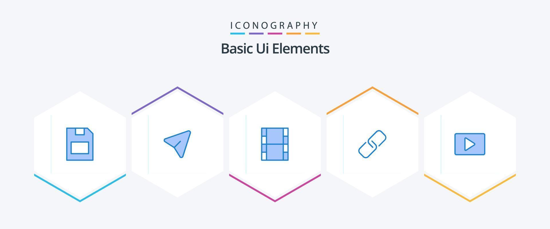 Éléments d'interface utilisateur de base 25 pack d'icônes bleues, y compris la vidéo. Youtube. vidéo. métal. papier vecteur