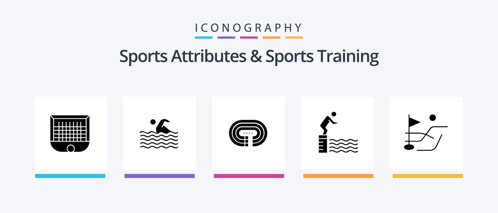 attributs sportifs et pack d'icônes de glyphe d'entraînement sportif 5, y compris la piscine. saut. natation. plongée. surface. conception d'icônes créatives vecteur