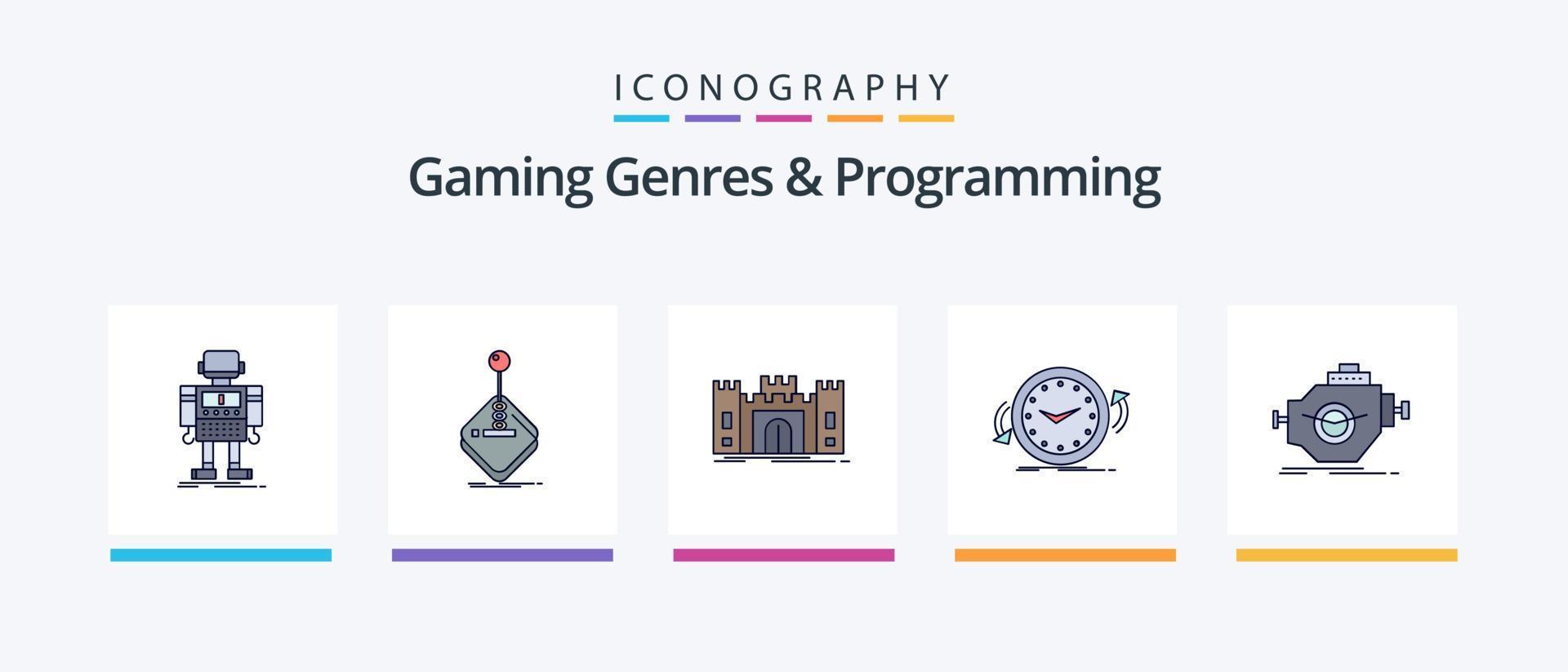 genres de jeu et ligne de programmation remplis de 5 packs d'icônes, y compris root. administrateur. manette. usine. mario. conception d'icônes créatives vecteur