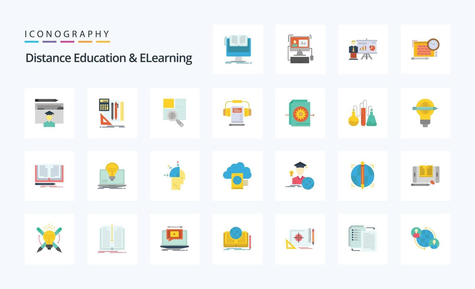 25 pack d'icônes de couleur plate pour l'enseignement à distance et l'apprentissage en ligne vecteur