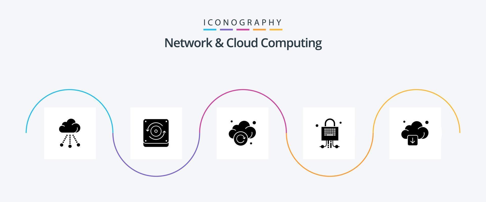 pack d'icônes réseau et cloud computing glyphe 5, téléchargement compris. nuage. rafraîchir. technologie. fermé à clé vecteur