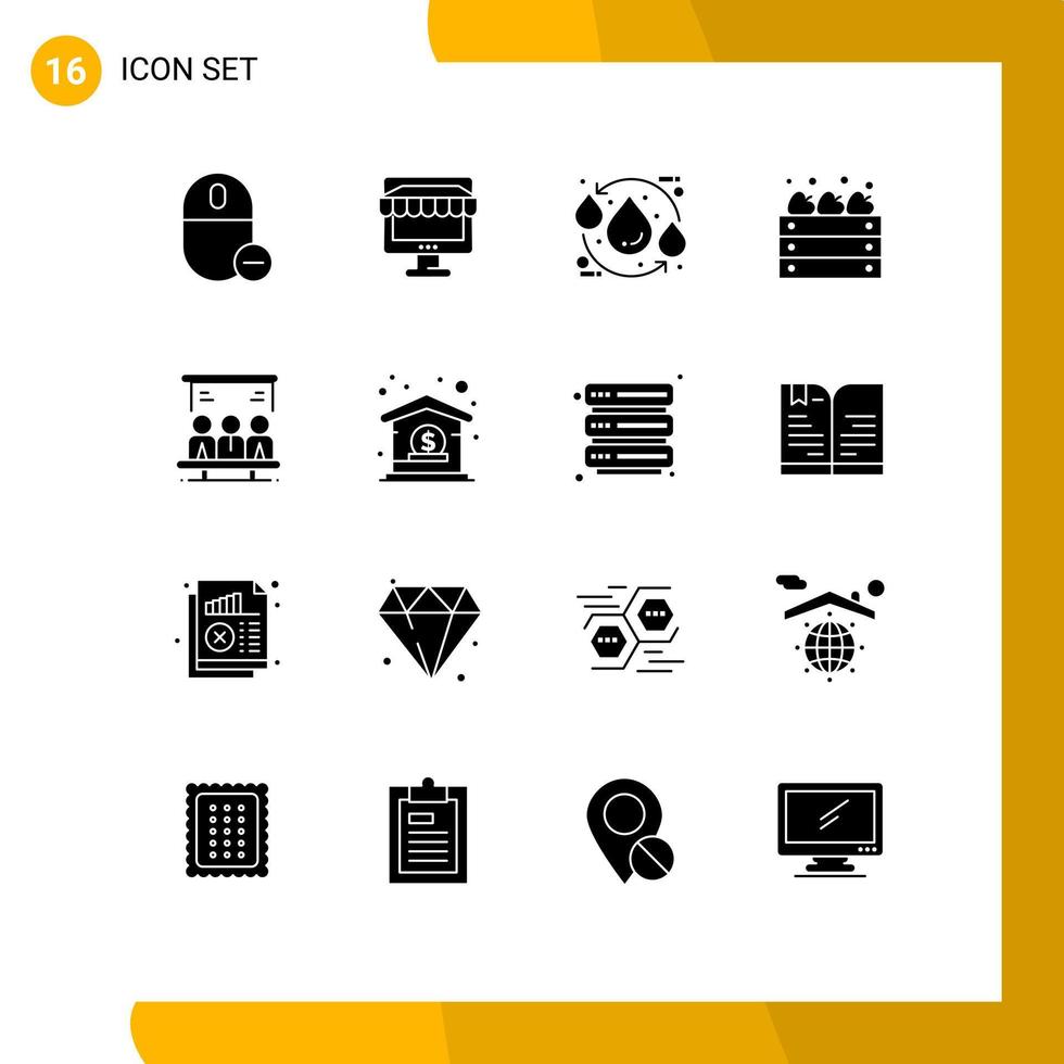 ensemble moderne de 16 glyphes et symboles solides tels que les éléments de conception vectorielle modifiables de l'écologie de l'eau du magasin de l'agriculture agricole vecteur