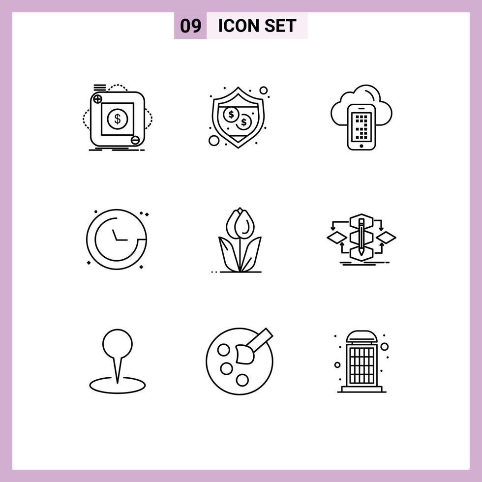 symboles d'icônes universels groupe de 9 contours modernes d'éléments de conception vectoriels modifiables de boussole de localisation de nuage de navigation florale vecteur