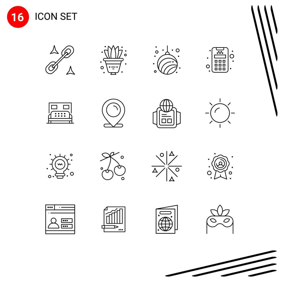 16 signes de contour universels symboles d'éléments de conception vectoriels modifiables de carte de machine de guirlande d'hôtel de chambre à coucher vecteur