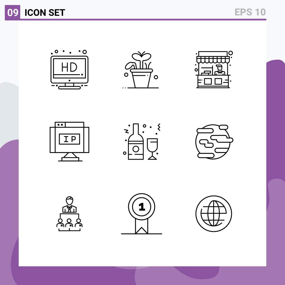 symboles d'icônes universels groupe de 9 contours modernes de pointeur de décrochage d'alcool de bouteille ip éléments de conception vectoriels modifiables vecteur