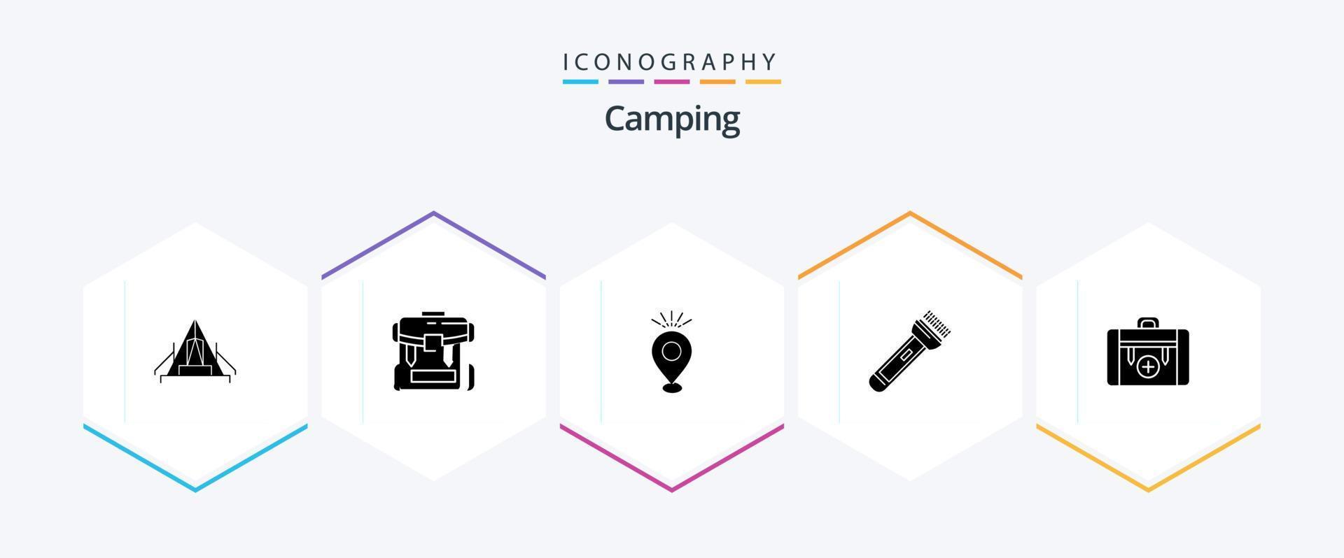 pack d'icônes camping 25 glyphes, y compris la lumière. carte. fermeture éclair. vacances. broche vecteur