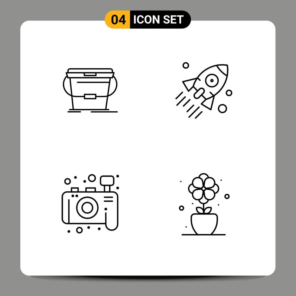 ligne d'interface mobile ensemble de 4 pictogrammes d'éléments de conception vectoriels modifiables de photographie d'entreprise d'eau de caméra de seau vecteur