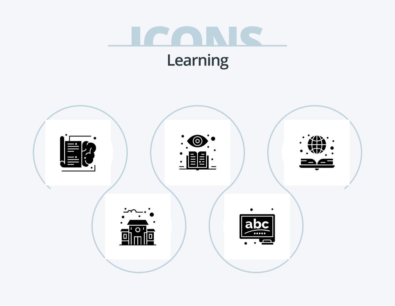 pack d'icônes de glyphe d'apprentissage 5 conception d'icônes. livre en ligne. e livre. cerveau. livre. supervisé vecteur