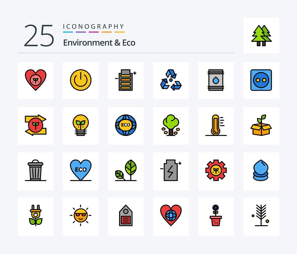 pack d'icônes remplies d'environnement et d'éco 25 lignes, y compris les ordures. écologie. environnement. éco. énergie vecteur