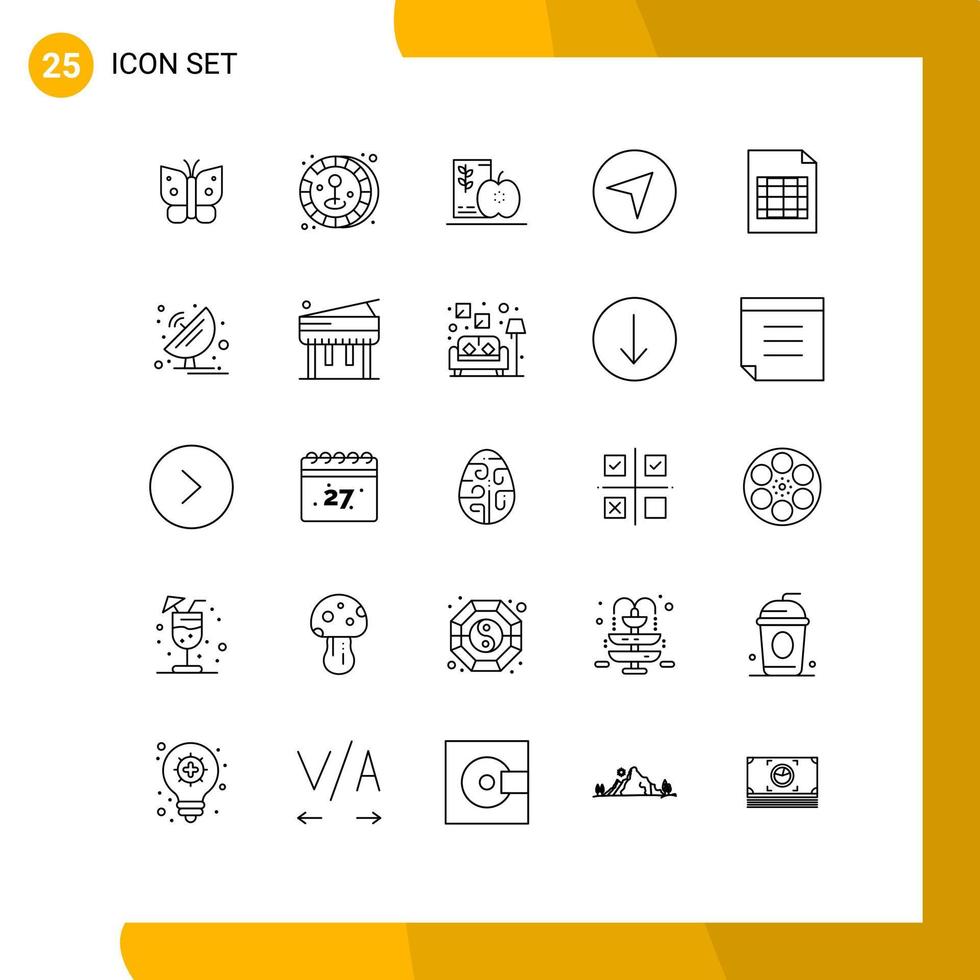 25 lignes universelles définies pour les applications web et mobiles table document régime pointeur direction éléments de conception vectoriels modifiables vecteur